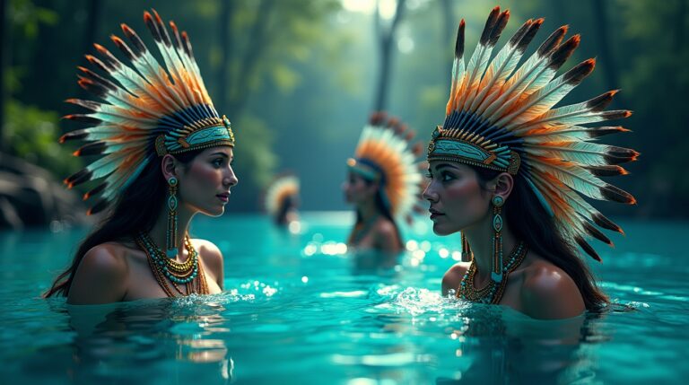 Espíritos dos lagos encantados na mitologia norte-americana com criaturas míticas emergindo da água em cenário sereno