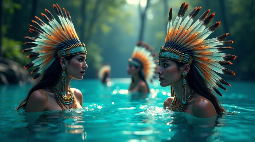 Espíritos dos lagos encantados na mitologia norte-americana Espíritos dos lagos encantados na mitologia norte-americana com criaturas míticas emergindo da água em cenário sereno