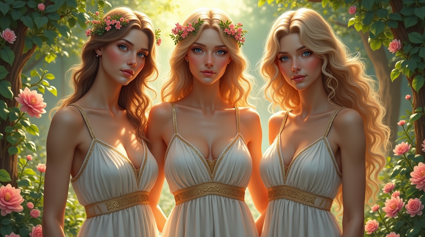 Graças na mitologia grega: as Três Cárites representadas em cena harmoniosa com luz divina