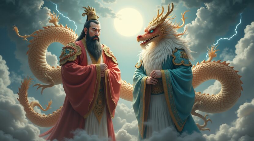 Guardiões dos ventos na mitologia chinesa: Feng Po Po e Feng Bo controlando tempestades celestiais