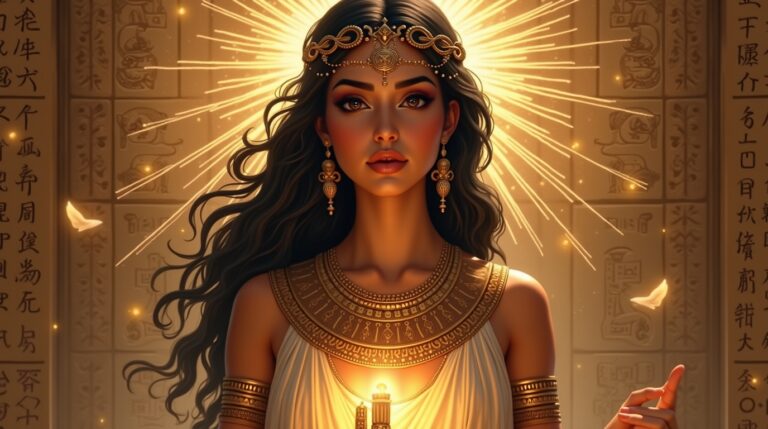 Gula Ninisina na mitologia mesopotâmica, deusa da cura retratada com símbolos de medicina e luz divina