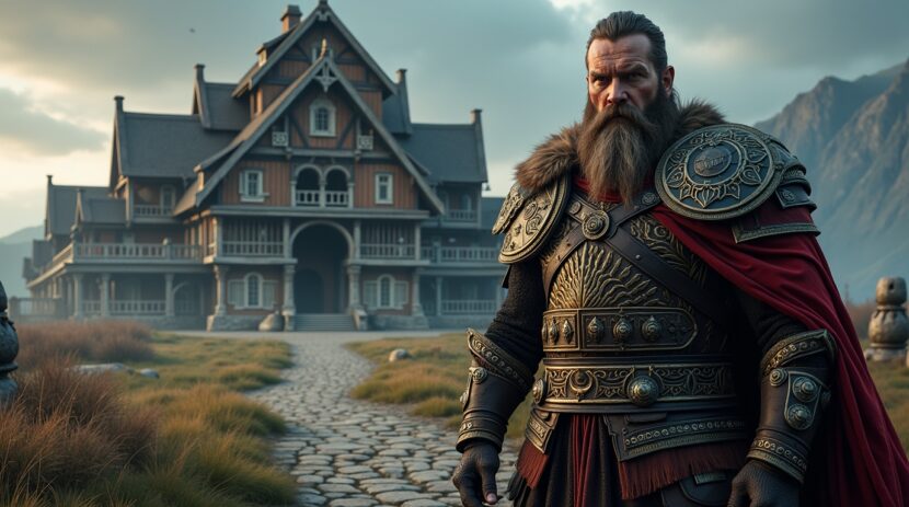 Hrothgar na mitologia nórdica: rei diante de Heorot em uma cena épica