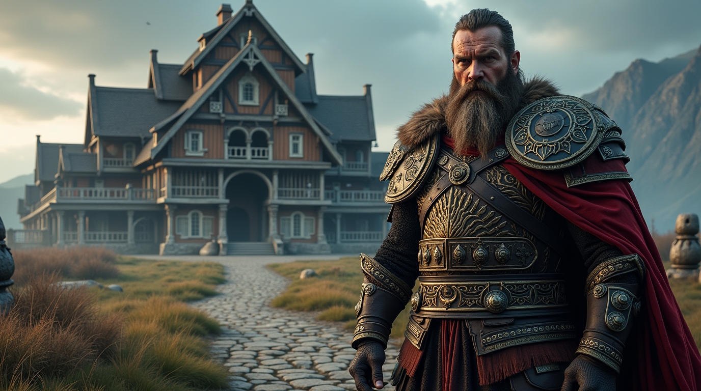 Hrothgar na mitologia nórdica: rei diante de Heorot em uma cena épica