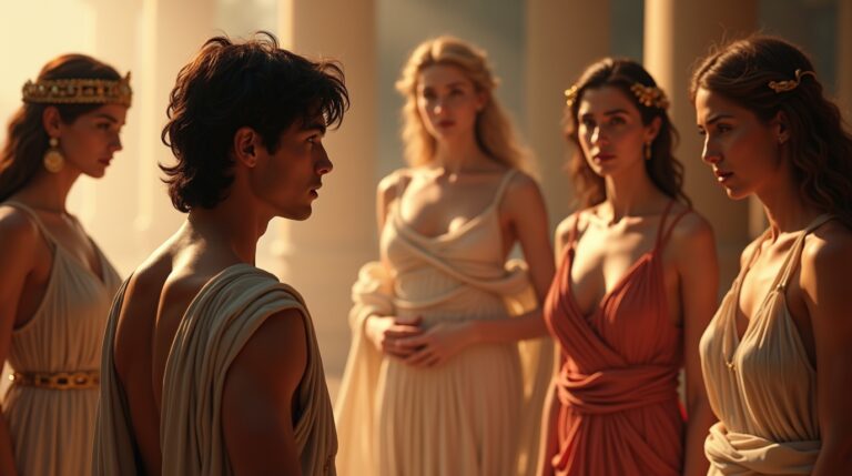 Julgamento de Paris na mitologia grega: Paris diante das deusas Hera, Atena e Afrodite por causa da maçã de ouro