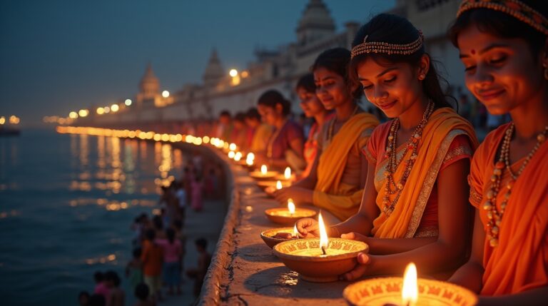 Kartika Purnima na mitologia hindu: celebração com fiéis acendendo lâmpadas no Ganges em Varanasi