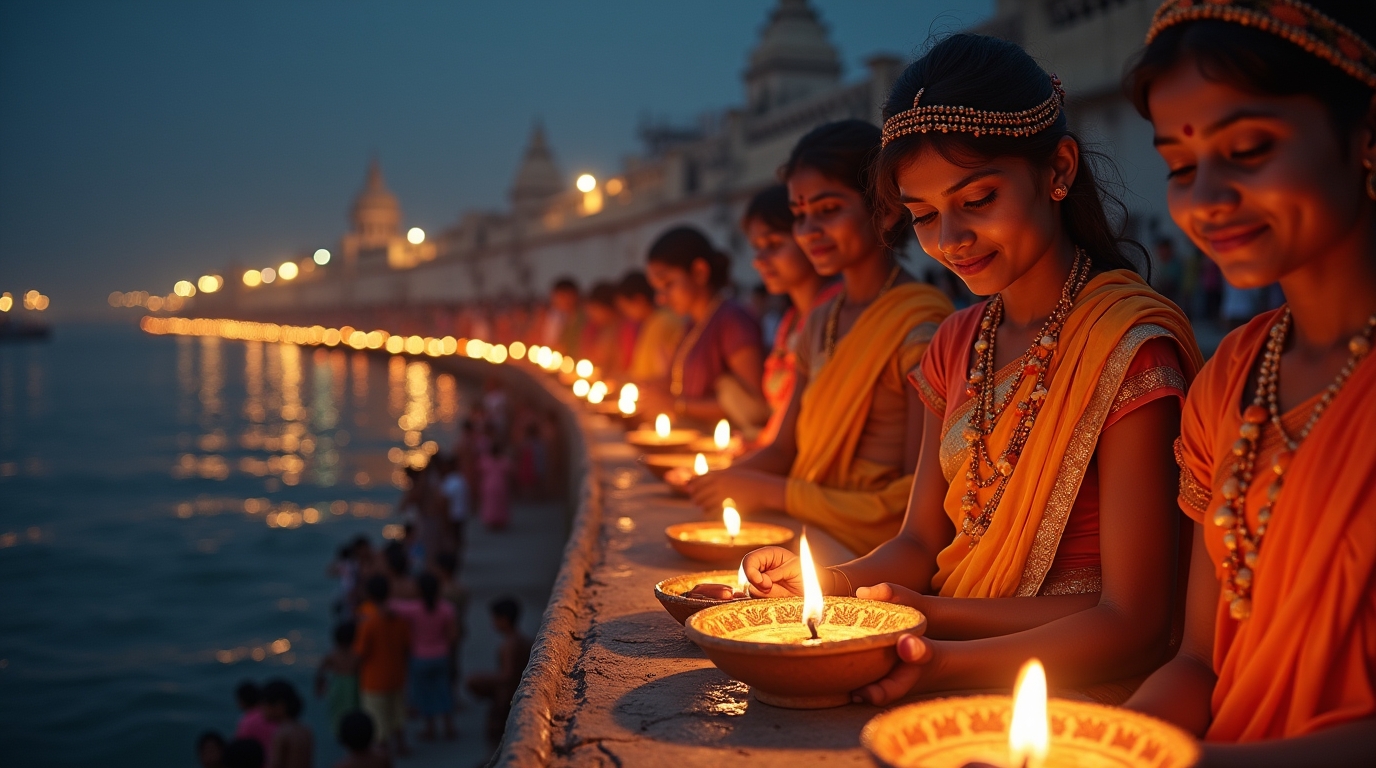 Kartika Purnima na mitologia hindu: significado e rituais Kartika Purnima na mitologia hindu: celebração com fiéis acendendo lâmpadas no Ganges em Varanasi