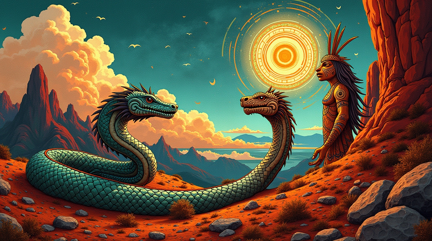 Lendas de animais na mitologia aborígene: serpentes como Julunggul e Lungkata em cena ancestral