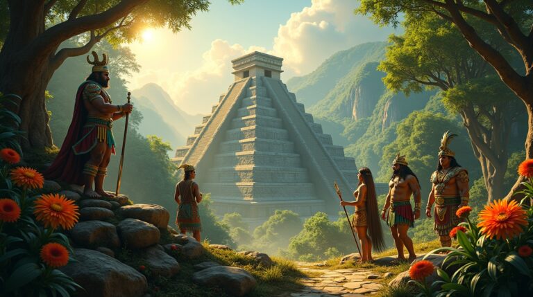 Lendas maias na mitologia maia: cena mística com deuses e heróis em um ambiente da selva