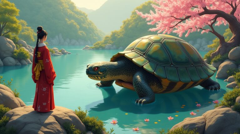 Lendas de tartarugas imortais na mitologia japonesa com Urashima Taro e a tartaruga Kame em cena mística