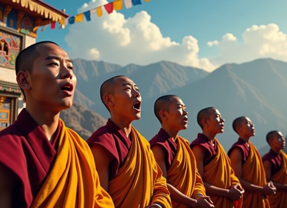 Mantra Om Mani Padme Hum mitologia tibetana: mitos e lendas Mantra Om Mani Padme Hum na mitologia tibetana: monges tibetanos recitando em cenário montanhoso
