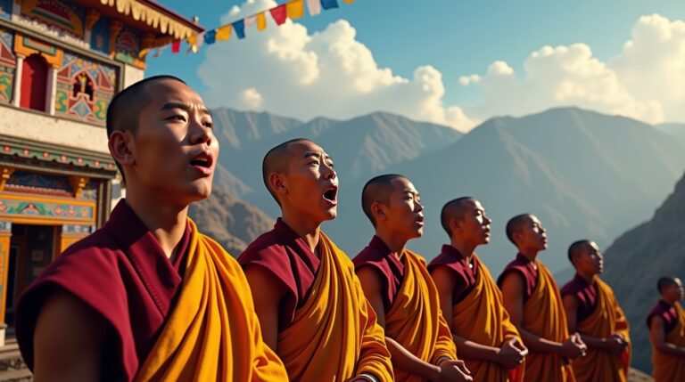 Mantra Om Mani Padme Hum na mitologia tibetana: monges tibetanos recitando em cenário montanhoso