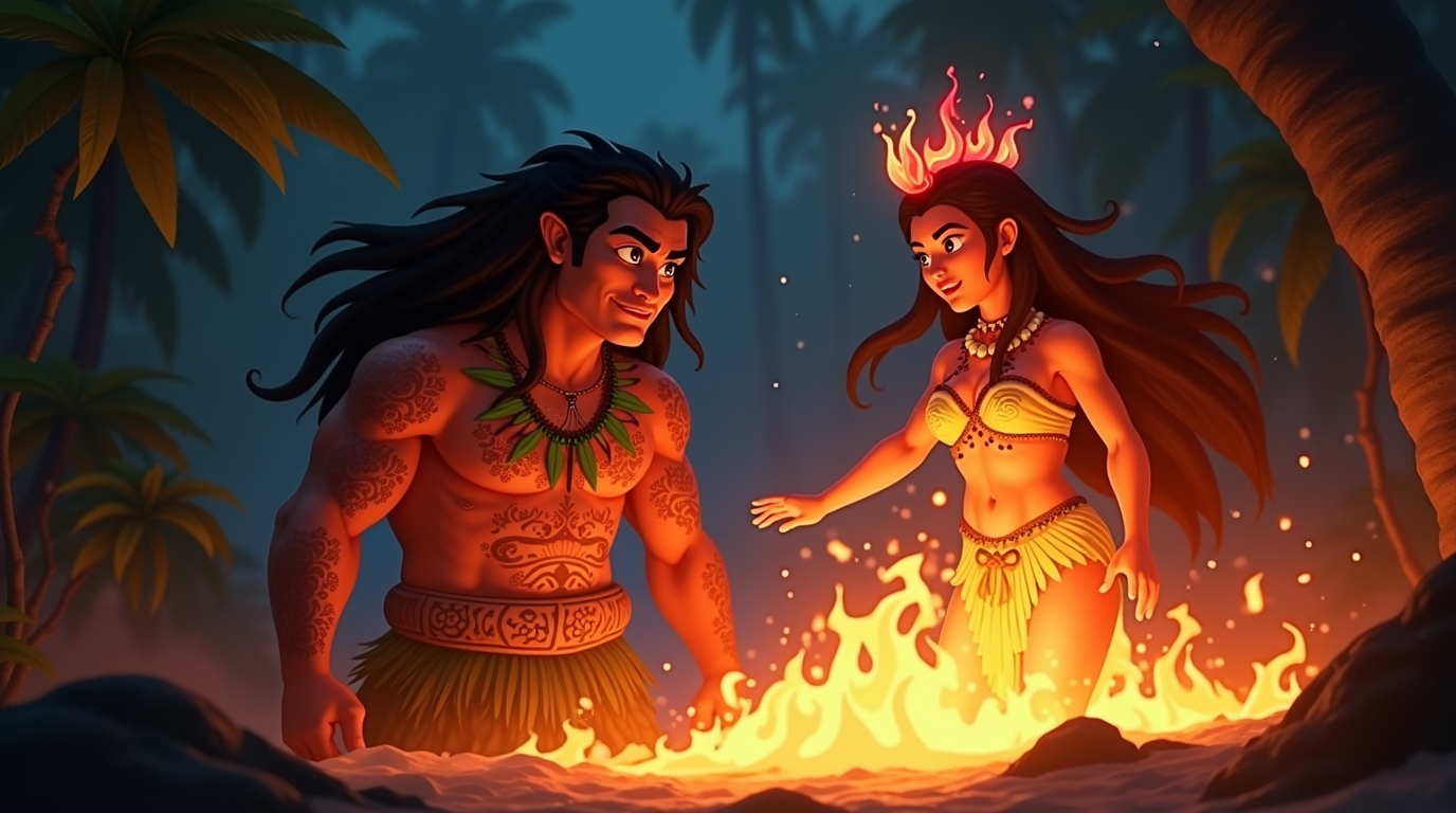 Maui e a descoberta do fogo na mitologia polinésia: Mahuika Maui e a descoberta do fogo na mitologia polinésia com Mahuika, a deusa do fogo