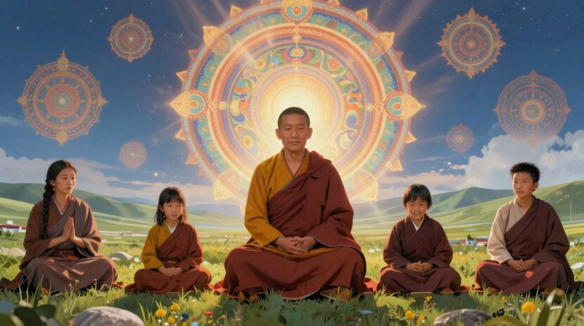 Mitologia das Cinco Famílias Búdicas na Mitologia Tibetana com Budas em uma paisagem mística