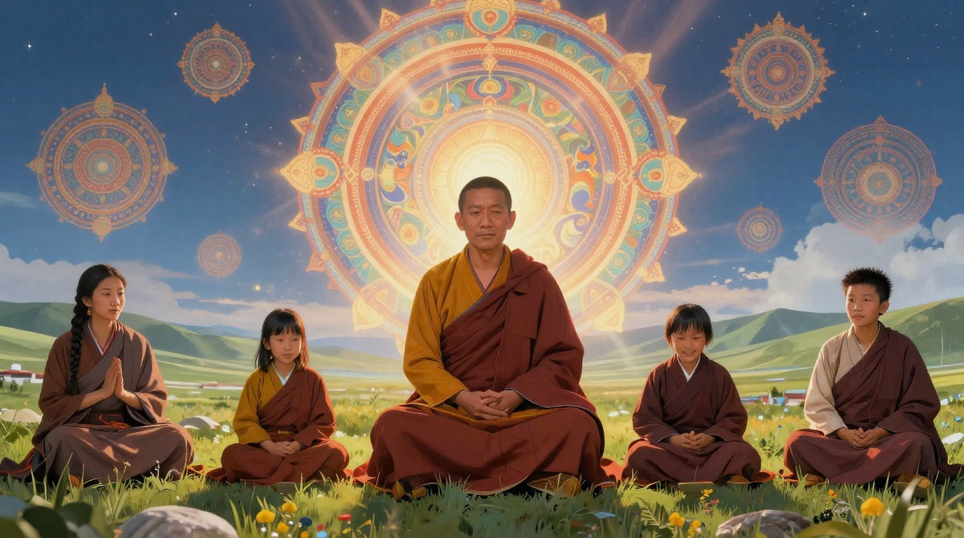 Mitologia das Cinco Famílias Búdicas na Mitologia Tibetana Mitologia das Cinco Famílias Búdicas na Mitologia Tibetana com Budas em uma paisagem mística