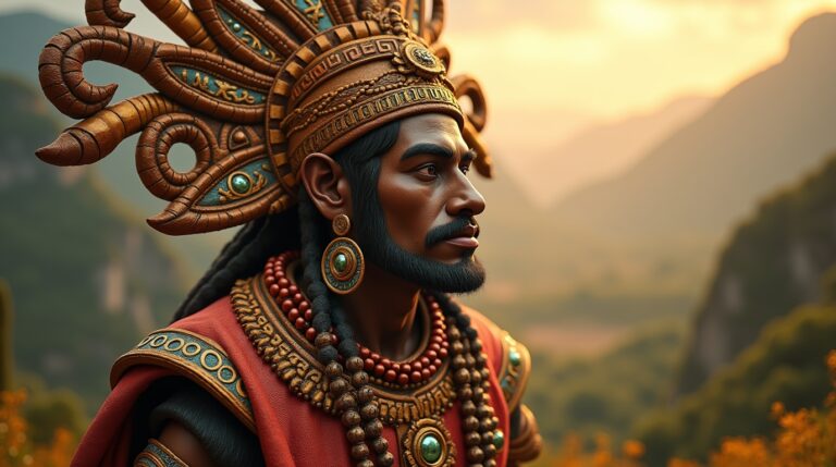 Deus Huari na mitologia Huari, cercado por símbolos da cultura Wari, em cenário andino