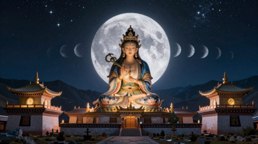 Mitologia Lunar Tibetana: Deusa da Lua sob a noite estelar himalaia com templos tibetanos