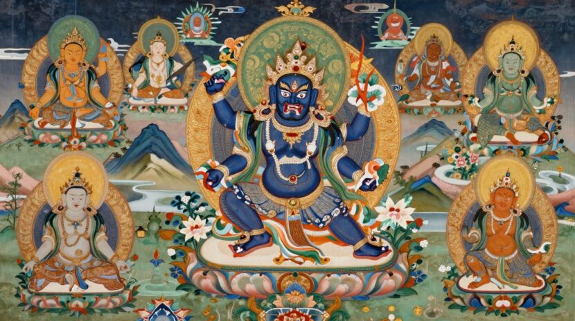 Tara na mitologia tibetana: deusa cercada por divindades ancestrais em um cenário místico