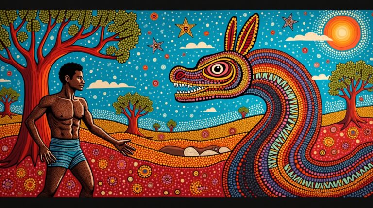 Mitos da criação na mitologia aborígene: Bunjil e a Serpente Arco-Íris em cena de criação