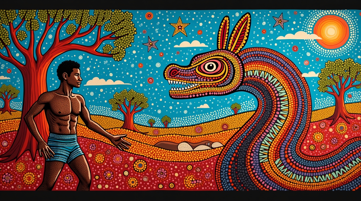 Mitos da criação na mitologia aborígene: Origens e símbolos Mitos da criação na mitologia aborígene: Bunjil e a Serpente Arco-Íris em cena de criação