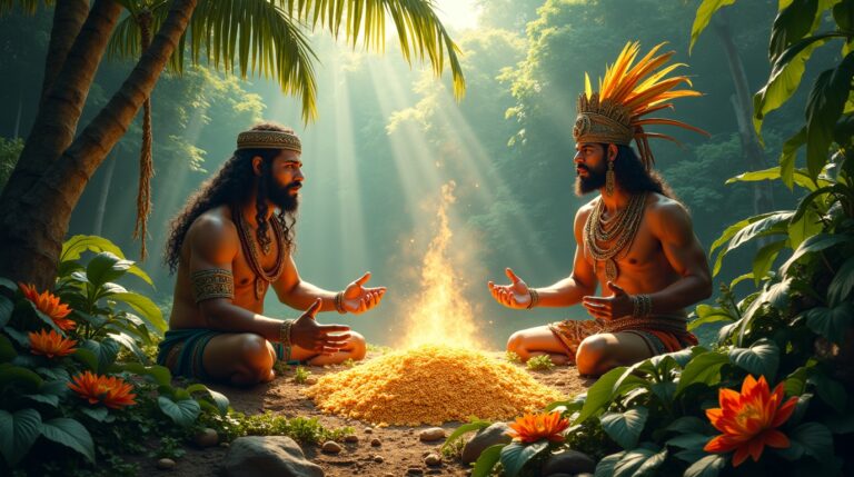 Mitos maias sobre a criação do homem, mostrando deuses Tepeu e Gucumatz com homem de milho e barro