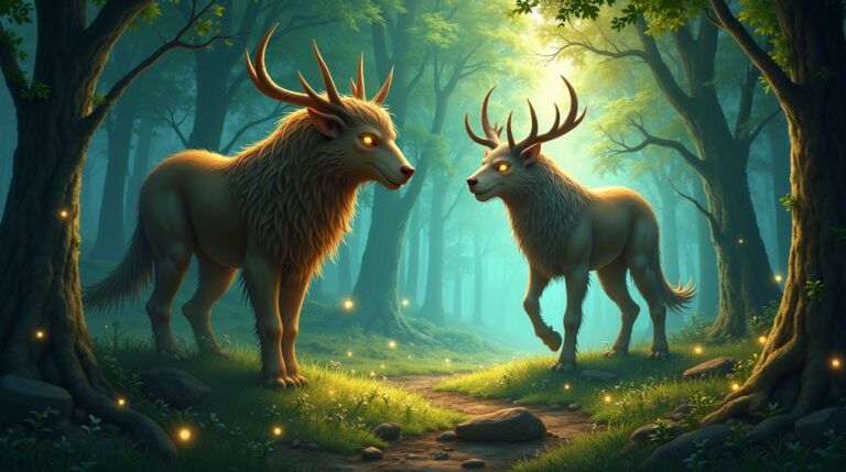 Mitos de origem animal na mitologia eslava: criaturas como Indrik e Vaukalak em cena mágica na floresta