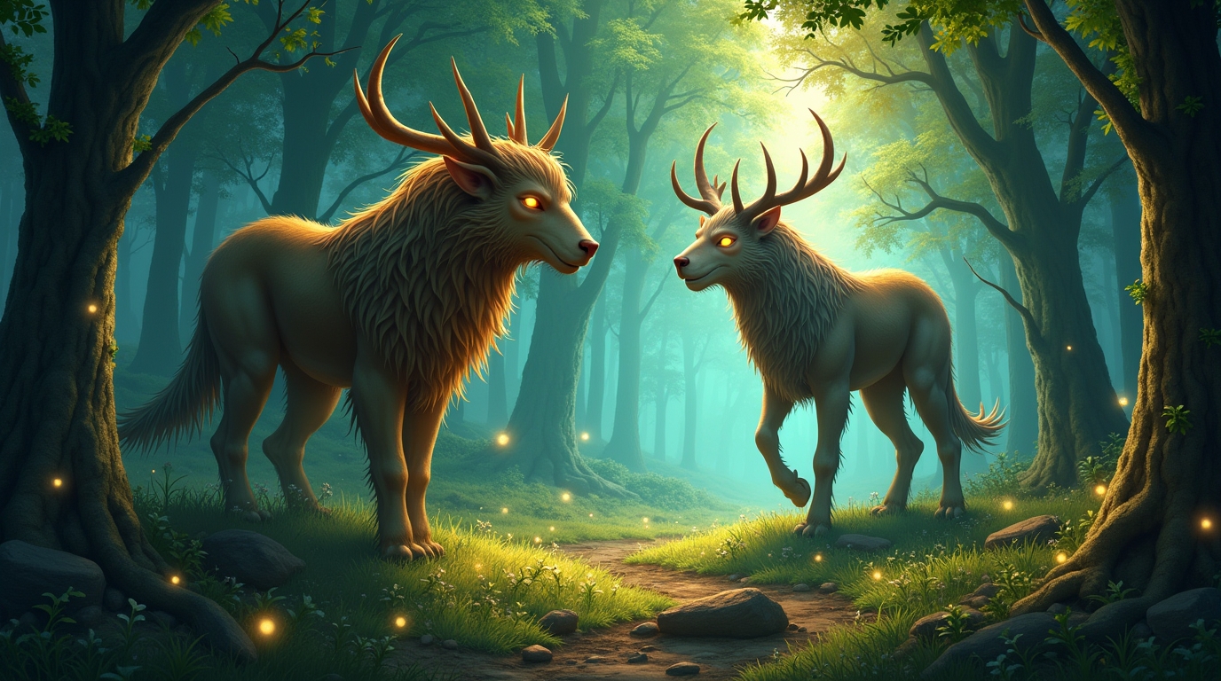 Mitos de origem animal na mitologia eslava: criaturas como Indrik e Vaukalak em cena mágica na floresta