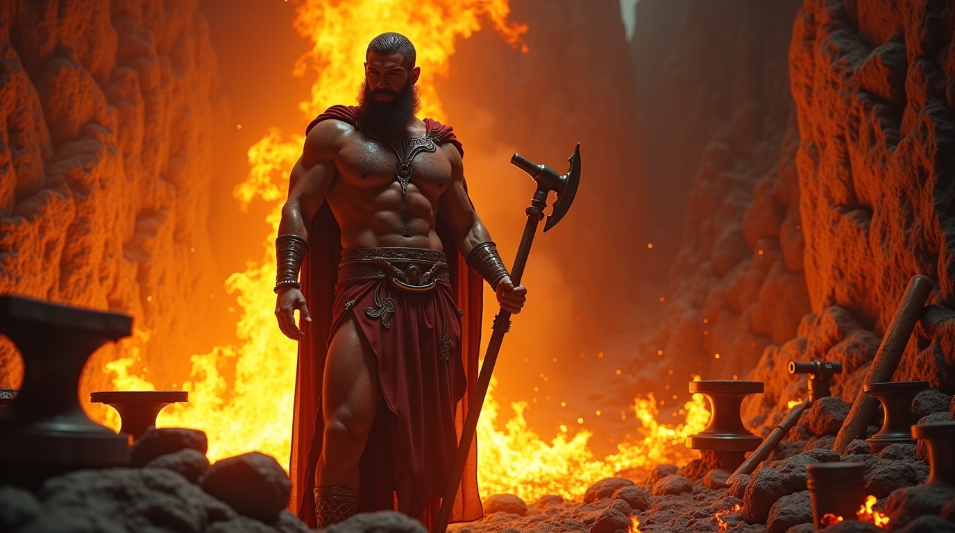 Vulcano na mitologia romana: deus do fogo em sua forja diante de vulcões em erupção