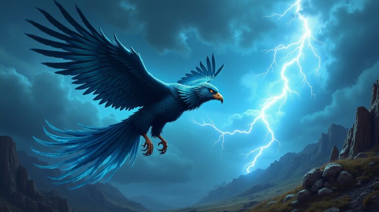 Mitos do trovão azul nas mitologias das Américas: a lenda do Pássaro Trovão em cena épica com raios e trovões