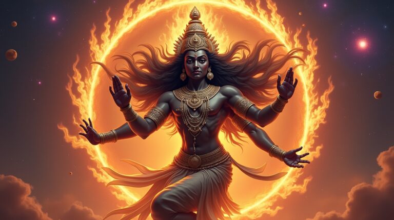 Nataraja na mitologia hindu: Shiva dançando a dança cósmica rodeado de elementos místicos