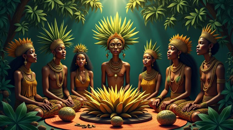 Ọgbẹdẹ na mitologia Yoruba: folha sagrada rodeada por orixás em ambiente ritualístico