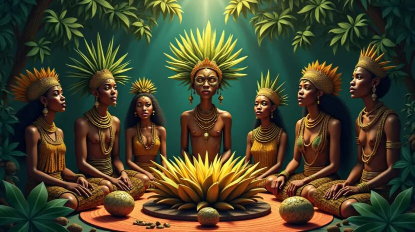 Ọgbẹdẹ na mitologia Yoruba: A folha entre orixás e seu mito Ọgbẹdẹ na mitologia Yoruba: folha sagrada rodeada por orixás em ambiente ritualístico