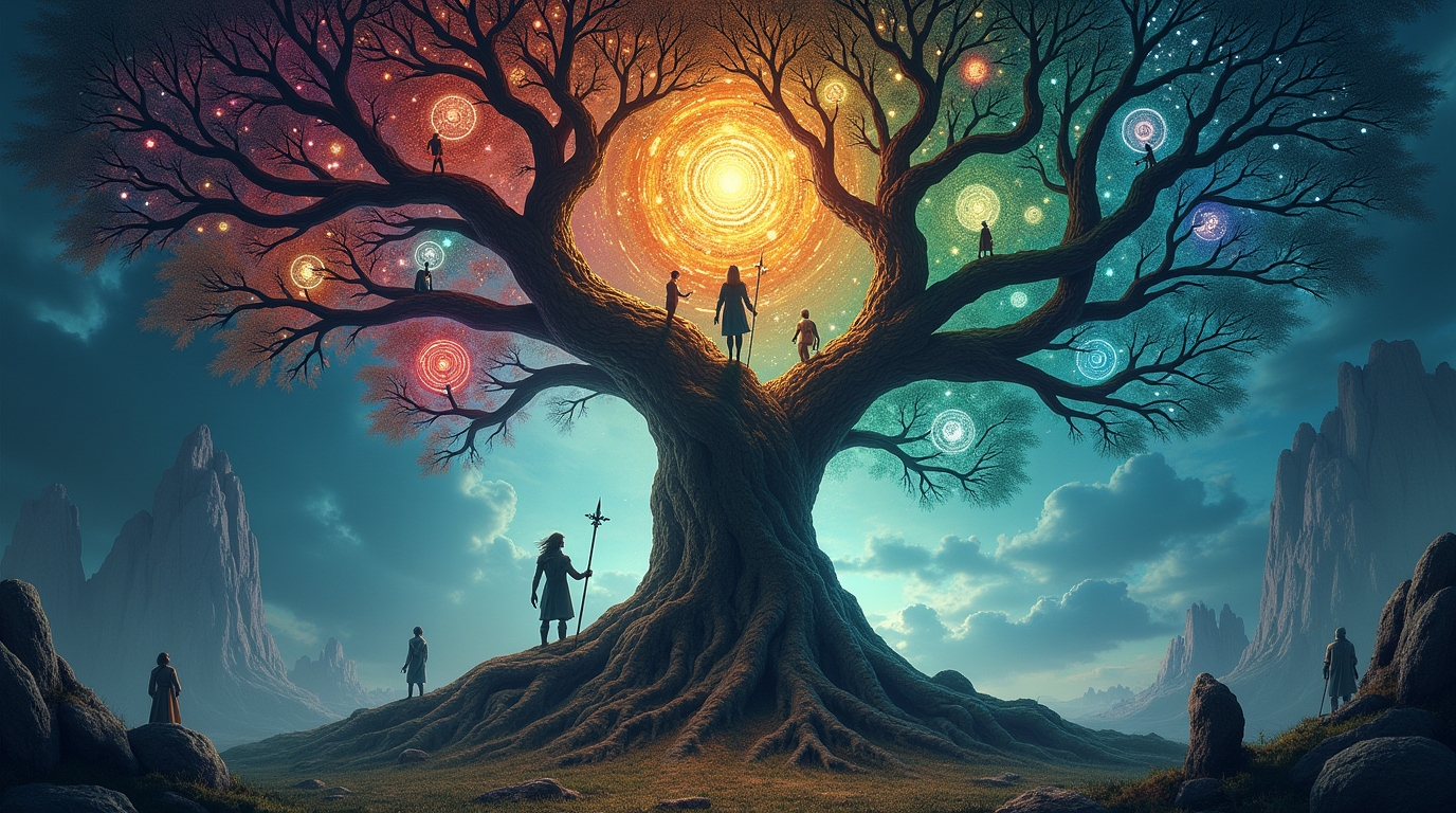 Os Nove Reinos na Mitologia Nórdica: Yggdrasil e os reinos de Asgard e Midgard em representação épica