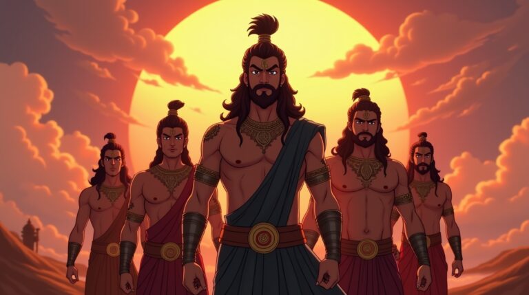 Imagem dos Pandavas na mitologia hindu: heróis Yudhishthira, Bhima, Arjuna, Nakula e Sahadeva prontos para a batalha de Kurukshetra