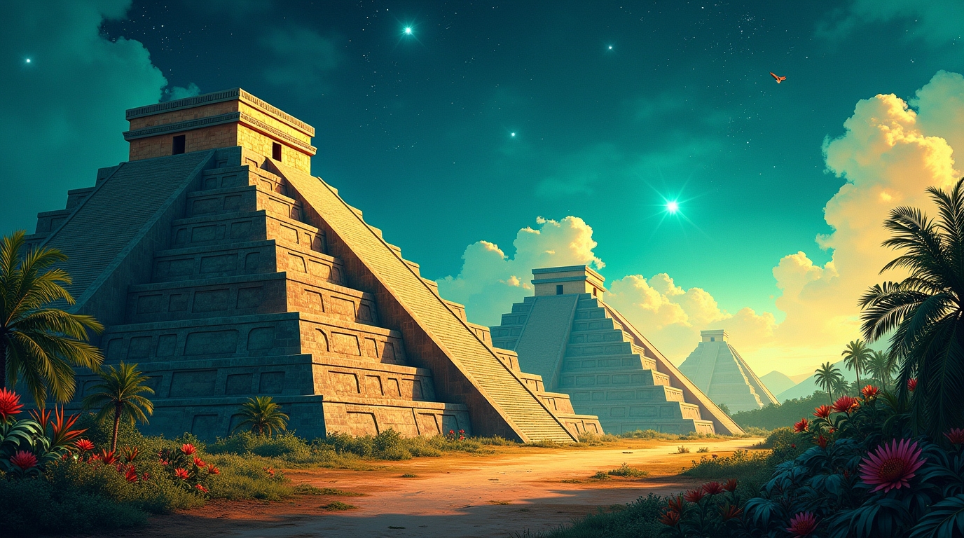 Pirâmides cerimoniais nas mitologias das Américas em um cenário místico com rituais antigos sob o céu estrelado