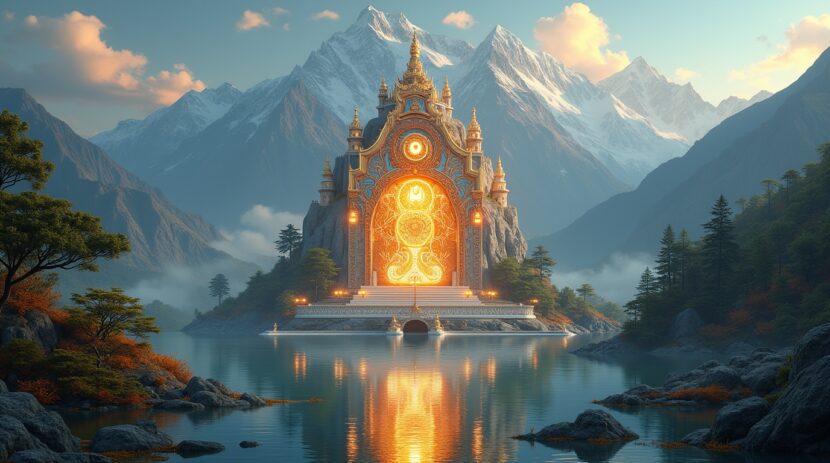 Portais Espirituais na Mitologia Tibetana: Portas de Lótus Ilustração de portais espirituais na mitologia tibetana com mandalas e o Monte Kailash como pano de fundo