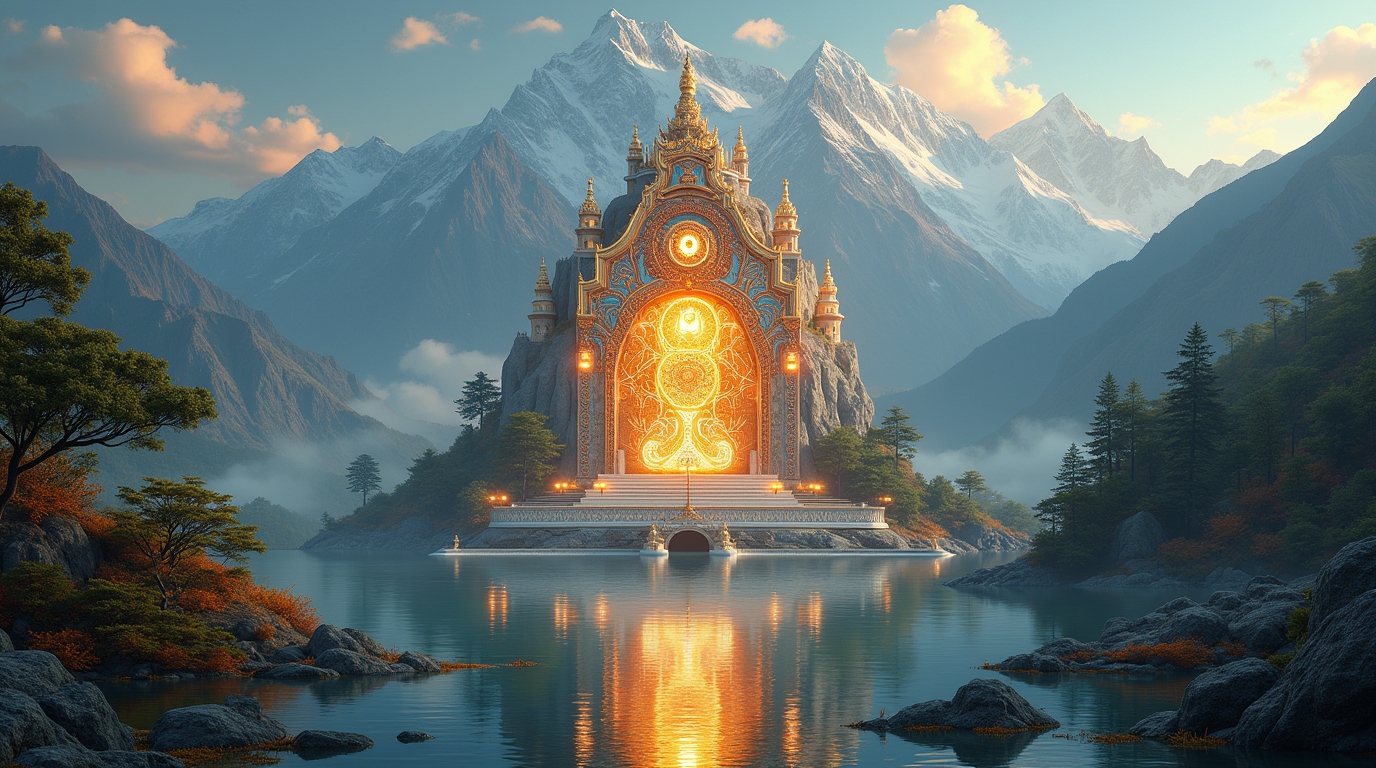 Ilustração de portais espirituais na mitologia tibetana com mandalas e o Monte Kailash como pano de fundo