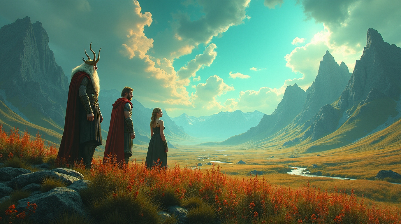 Renovação de Idavöll na mitologia nórdica: campo resplandecente após Ragnarok com deuses ao fundo