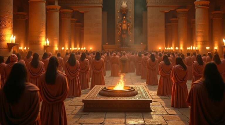 Rituais de adoração na mitologia mesopotâmica: sacerdotes realizando sacrifícios em templo antigo