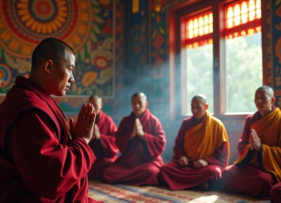 Rituais Kagyu na mitologia tibetana: cena de práticas rituais em um mosteiro tibetano