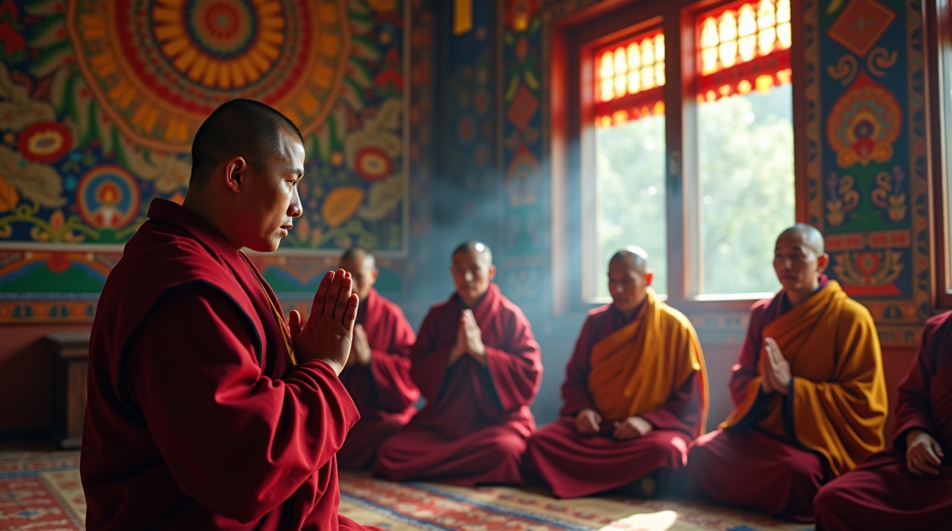 Rituais Kagyu na mitologia tibetana: cena de práticas rituais em um mosteiro tibetano