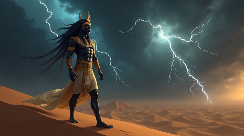 Seth deus das tempestades mitologia egípcia: Senhor do Caos Seth, deus das tempestades na mitologia egípcia, em meio a nuvens escuras e relâmpagos intensos.