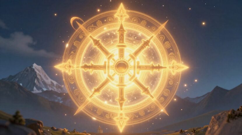 Simbolismo do Vajra na mitologia tibetana: dorje radiante em fundo místico das Himalaias