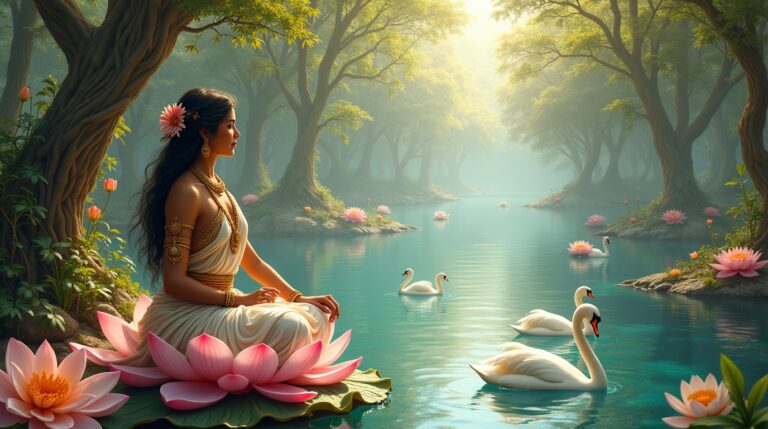 Sindhu Sarasvati na mitologia hindu: rio sagrado e deusa da sabedoria Sarasvati em cena mística