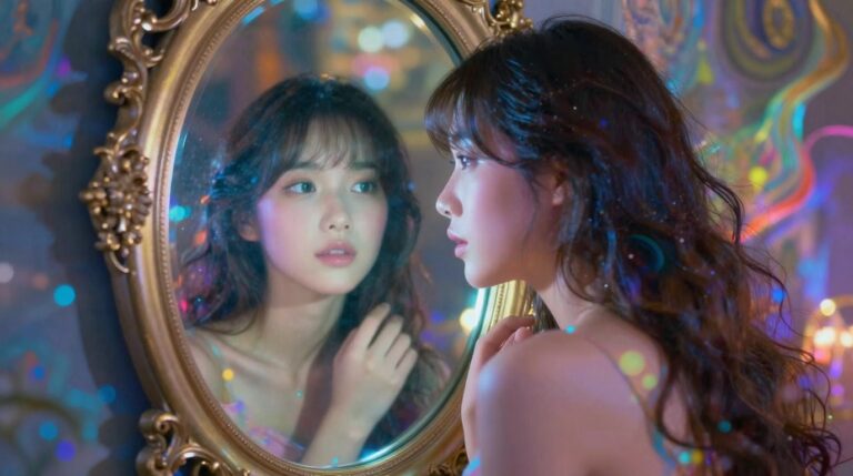 Sonhar com um espelho que reflete apenas emoções explicado Sonhar com espelho que reflete apenas emoções: cena mística com reflexos emocionais