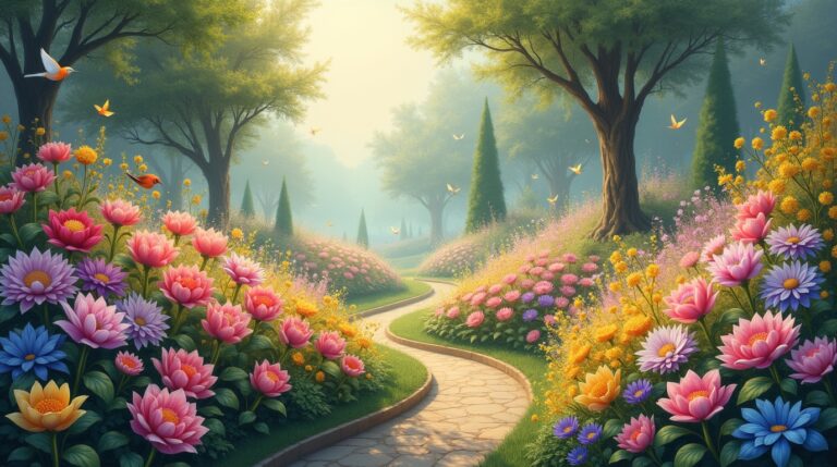 Sonhar com um jardim onde pássaros nascem de flores, representando a beleza e espiritualidade dos sonhos