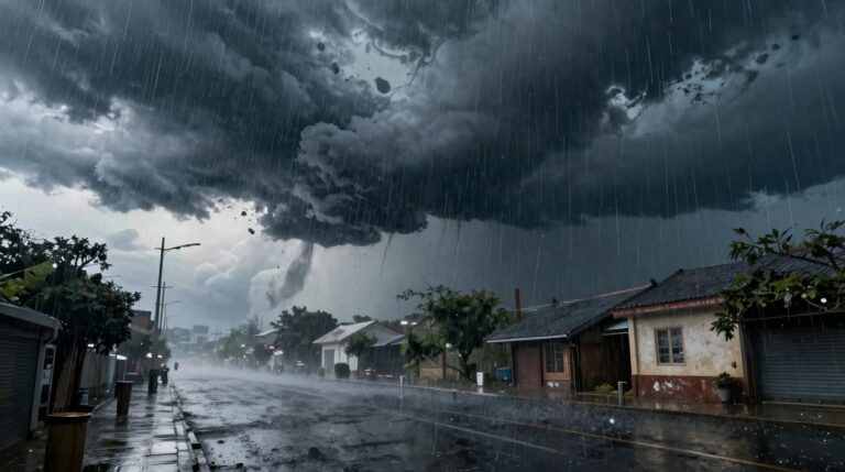 Sonhar com tempestade que apaga sombras das ruas: significado Sonhar com tempestade que apaga sombras das ruas: cena de tempestade transformadora em uma rua