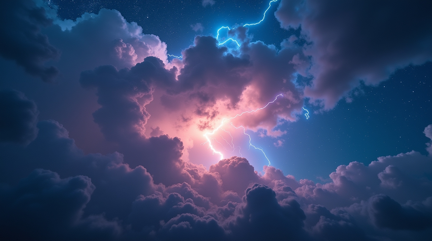 Visualização de um trovão que faz surgir novas estrelas no céu, representando sonhos e fenômenos celestes