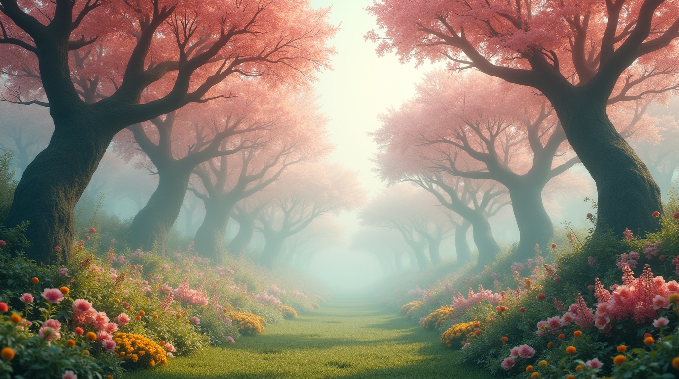 Sonhar com um jardim onde as árvores flutuam no ar, cena de sonho surreal com árvores suspensas e natureza mágica