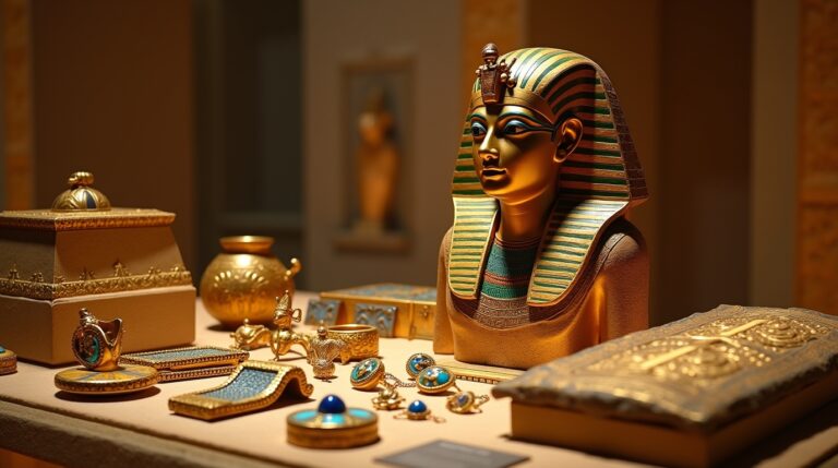 Tesouros do templo de Karnak na mitologia egípcia, incluindo joias e artefatos arqueológicos