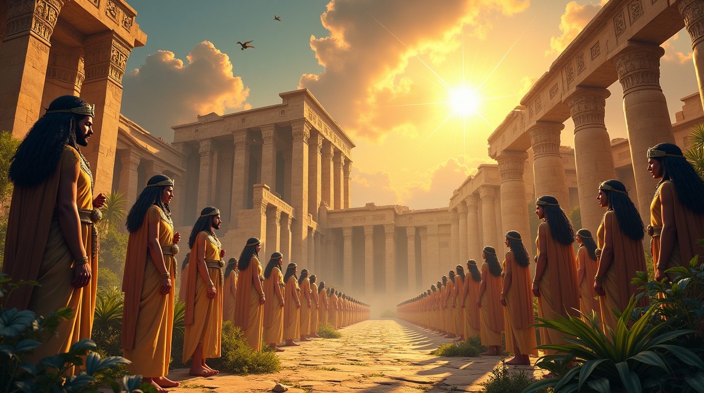 Tradições míticas da Mesopotâmia: cena épica com deuses e deusas da mitologia